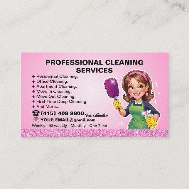 Cartão De Visita Pink Maid Janitorial Lady House Cleaning Service (Frente)