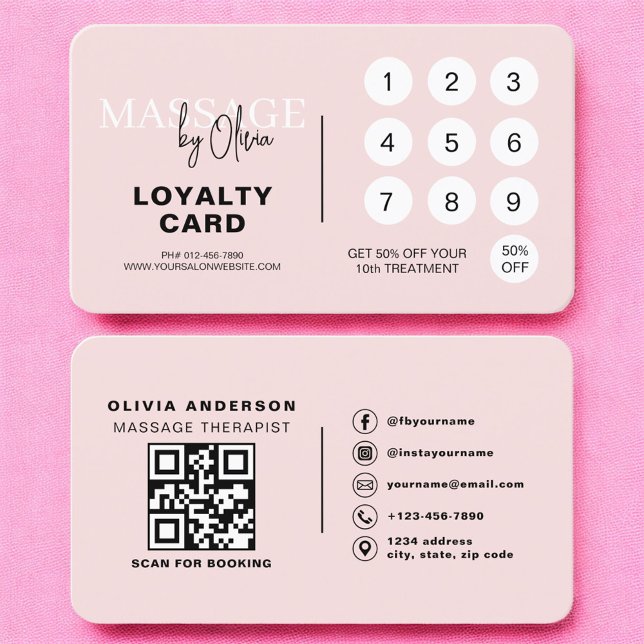 Cartão De Visita Pink Massage Therapy Loyalty Card with QR Code (Criador carregado)