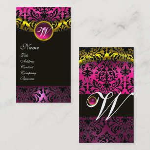 Cartão De Visita PINK NEGRO DAMASK AMETIST MONOGRAM Fuchsia Dourada