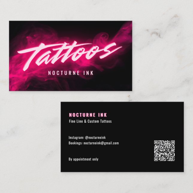 Cartão De Visita Pink Neon & Smoke Tattoo Artist QR Code (Frente/Verso)