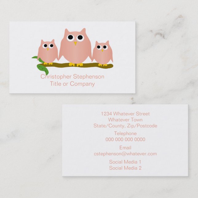 Cartão De Visita Pink Owls Design (Frente/Verso)