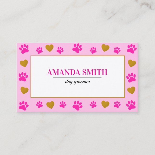 Cartão De Visita Pink Paw Prints Heart Dog Groomer Business Card (Frente)