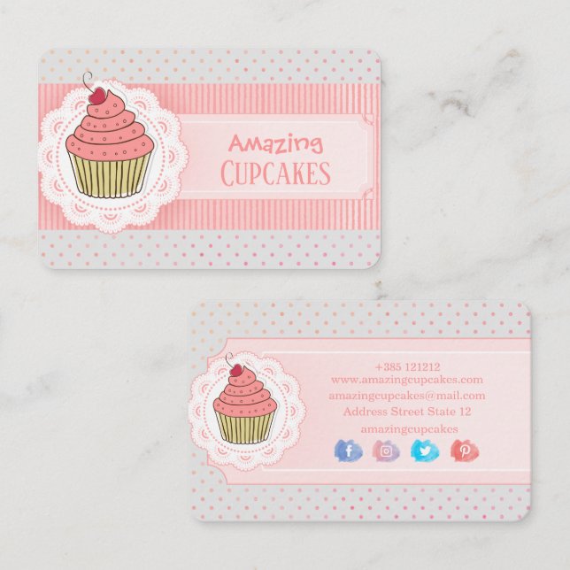 Cartão De Visita Pink Polka Dots Stripes Cupcake (Frente/Verso)