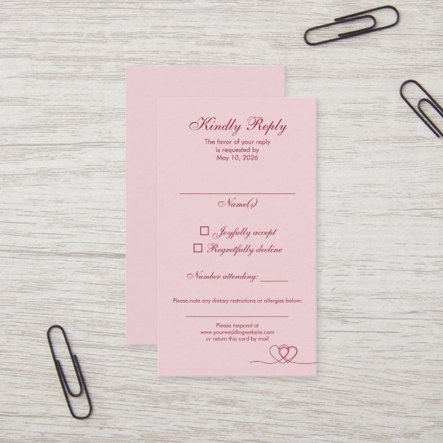 Cartão De Visita Pink Red Elegant Calligraphy Wedding RSVP Card (Frente/Verso In Situ)