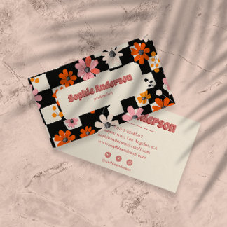 Cartão De Visita Pink Retro Floral Checkered Business Card