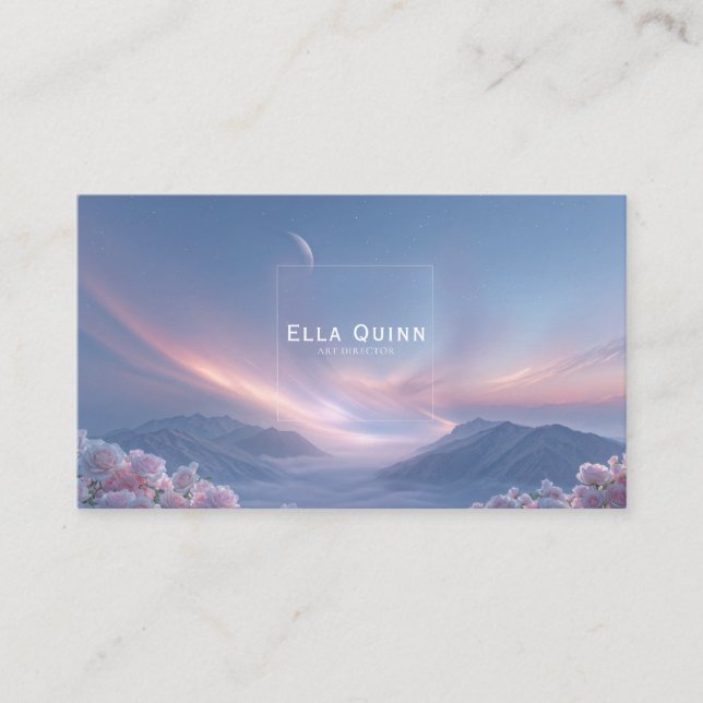Cartão De Visita Pink Rose Floral and Celestial Twilight Mountain (Frente)