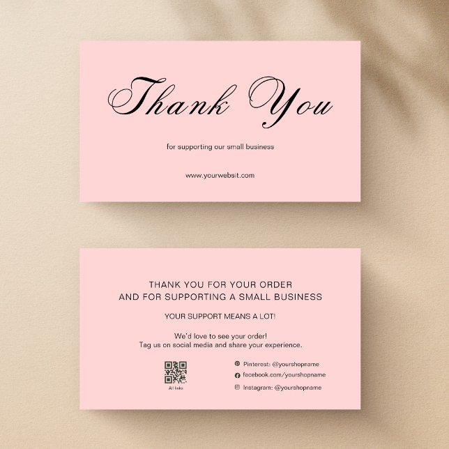 Cartão De Visita Pink Script Thank You Card QR Code Small Business (Criador carregado)