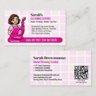 Cartão De Visita Pink Vácuo Desenho Animado Senhora Limpeza QR Serv