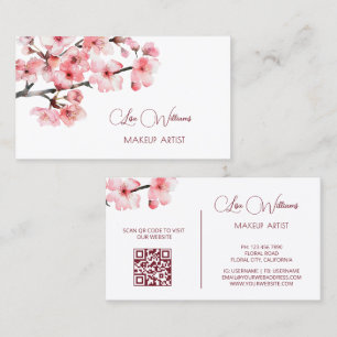 Cartão De Visita Pink Watercolor Cherry Blossoms Black