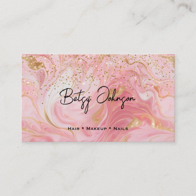 Cartão De Visita Pink, White and Gold Glitter Marbled Business Card (Frente)