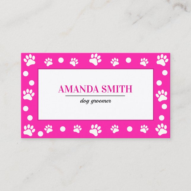 Cartão De Visita Pink & White Polka Dots Paw Prints Business Card (Frente)