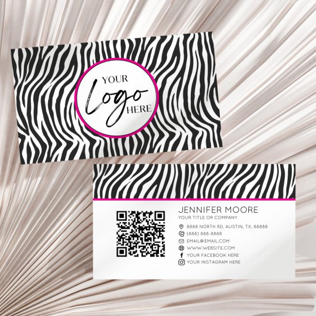 Cartão De Visita Pink Zebra Print Custom Company Logo QR Code (Criador carregado)