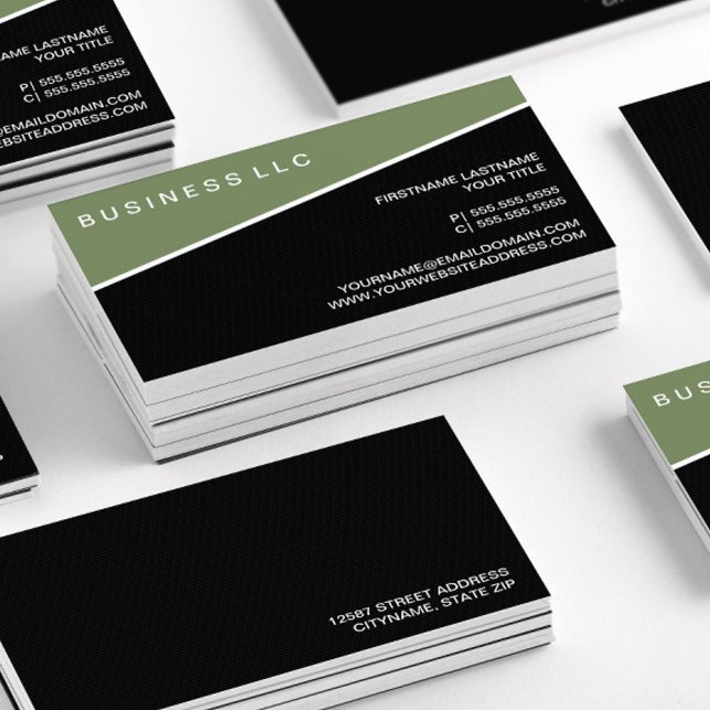 Cartão De Visita Pinstripe preto verde minimalista (Stack Minimalistic Green Black Pinstripe Professional Business Cards—Front & Black)