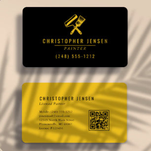 Cartão De Visita Pintor Código QR Negrito Amarelo Preto Arredondado