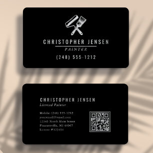 Cartão De Visita Pintor Código QR Preto Cinza Arredondado Pintura