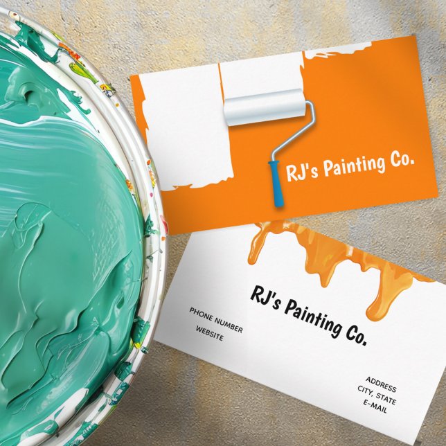 Cartão De Visita Pintor do cilindro branco de pintura laranja profi (Professional Orange White Paint Roller Painter Business Card)