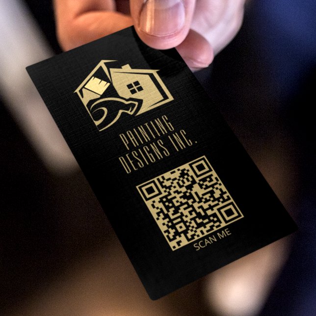 Cartão De Visita Pintura Moderna Preta Código QR (Criador carregado)