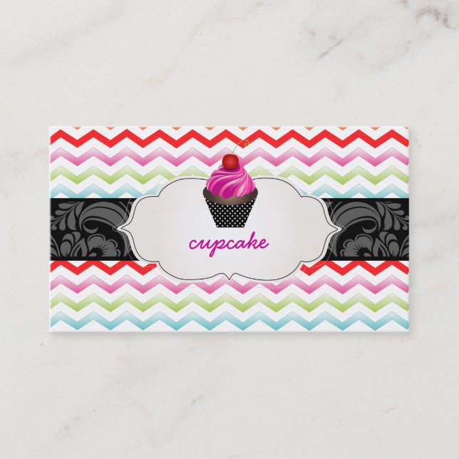 Cartão De Visita PixDezines cupcake de espirais de morango+chevron (Frente)