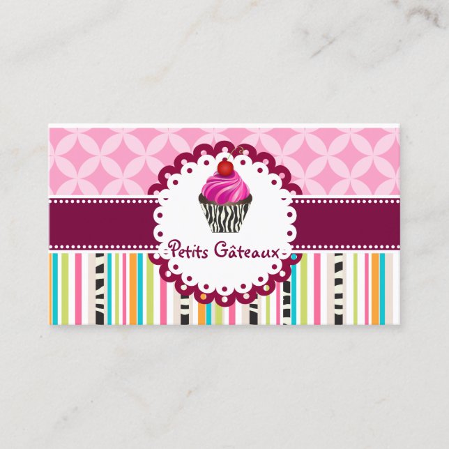 Cartão De Visita PixDezines cupcake + listras de morango (Frente)