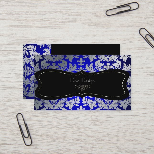 Cartão De Visita PixDezines faux prata barroco damask azul/preto (Frente/Verso In Situ)