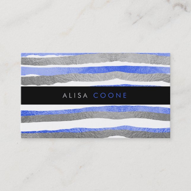 Cartão De Visita PixDezines folhas azuis+tiras prateadas (Frente)