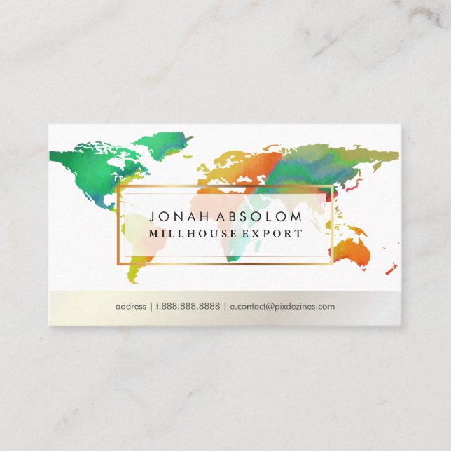 Cartão De Visita PixDezines no mapa de palavras global/aquarela (Frente)