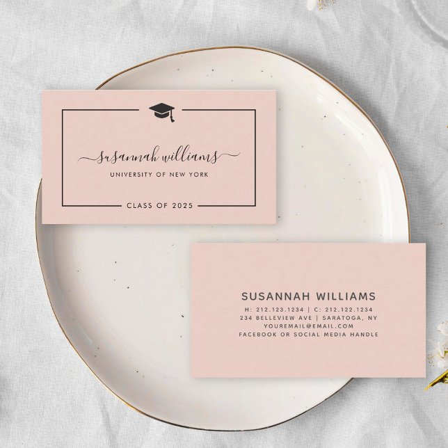 Cartão De Visita Placa de Chamada de Rosa de Graduação de Script Ch (Two elegant, pale pink graduation business cards with cursive text and grad cap on a white plate.  )