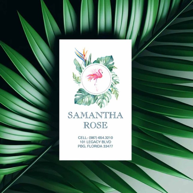 Cartão De Visita Placa de Mamãe Costeira Flamingo Rosa (Girly business cards feature watercolor pink flamingo & tropical palm leaf art Victoria Grigaliunas)