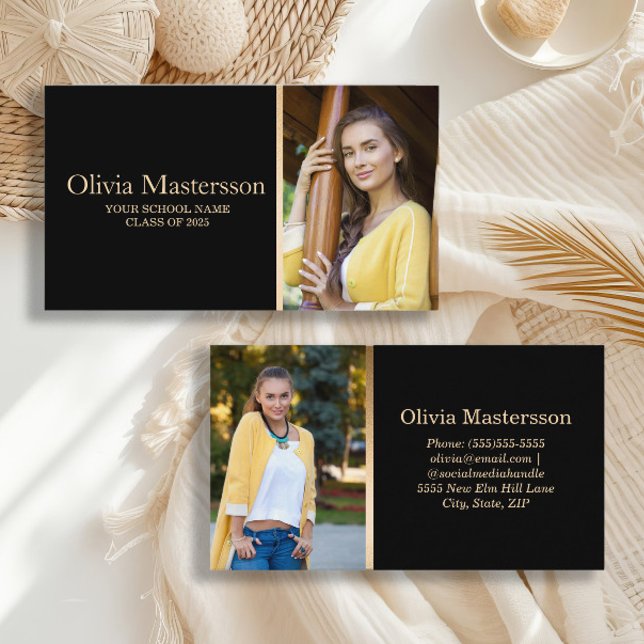 Cartão De Visita Placa de nome do Formando de fotos Dourada 2 preta (Black and gold high school or college graduation photo calling cards/business cards/insert cards)