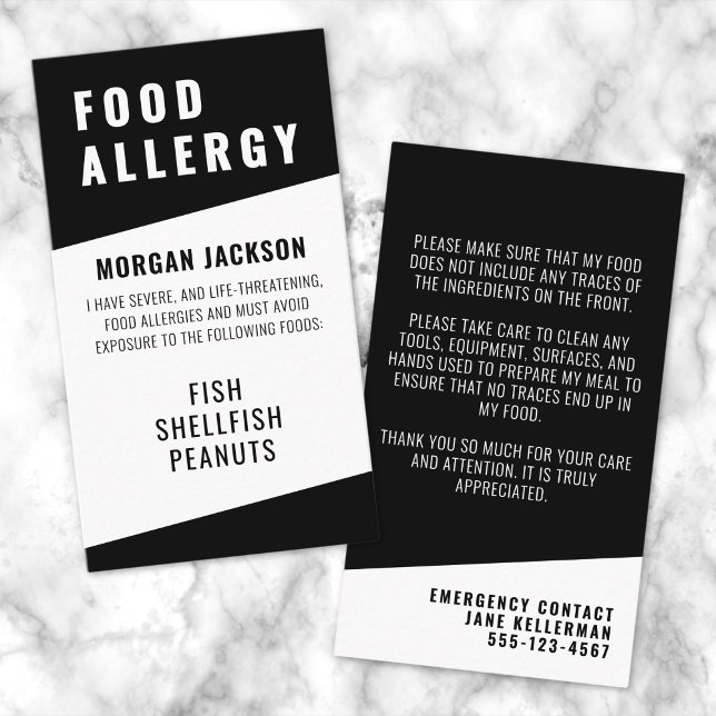 Cartão De Visita Placa de segurança para alergia à comida (Food Allergy Safety Card)