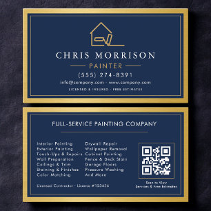 Cartão De Visita Placa QR Code Pintor de Casas Dourado Azul Pintura