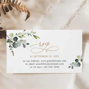 Cartão De Visita Placas RSVP Online de Casamento Dourado Eucalyptus