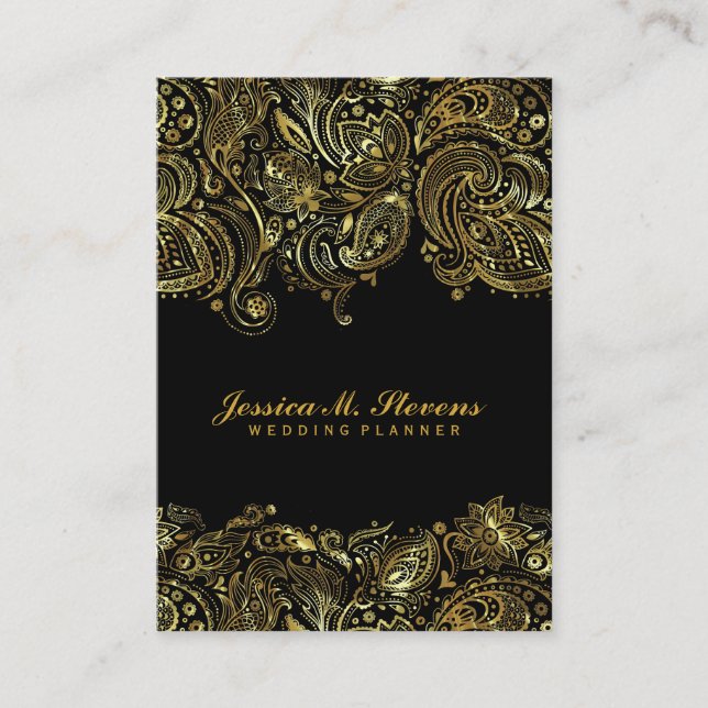 Cartão De Visita Planeador De Casamento Elegante Dourado E Black Pa (Frente)