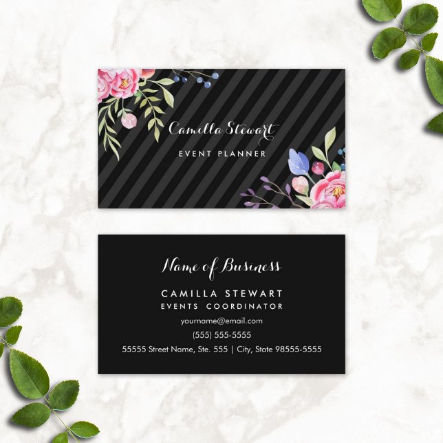 Cartão De Visita Planeador de Eventos de Strips Florais de Peões Ro (Chic Pink Peonies Floral Stripes Event Planner Business Cards)