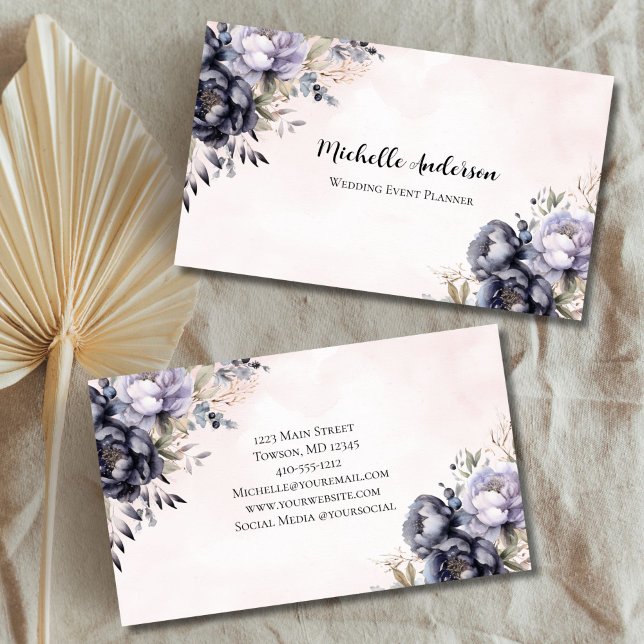Cartão De Visita Planejador de Evento de Casamento de Flores Florai (Purple Watercolor Floral Wedding Event Planner, Florist Feminine Business card for her)