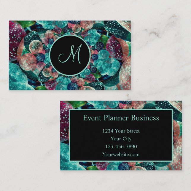 Cartão De Visita Planejador de Eventos de Balões Pretos Verdes-Verd (Frente/Verso)