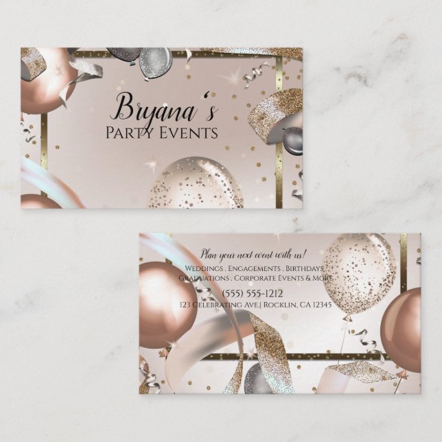 Cartão De Visita Planejador de Eventos de Balões Rose Gold & Glitte (Frente/Verso)