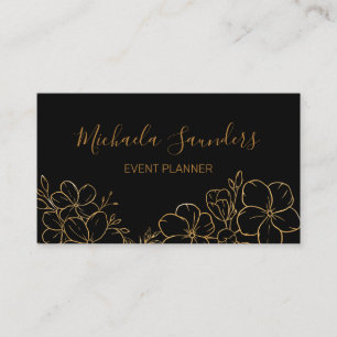 Cartão De Visita Planejador de Eventos Desenho Floral Dourado Preto