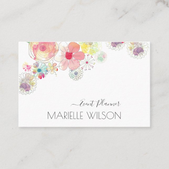 Cartão De Visita Planejador de Eventos Florais Pintados com Aquarel (Frente)