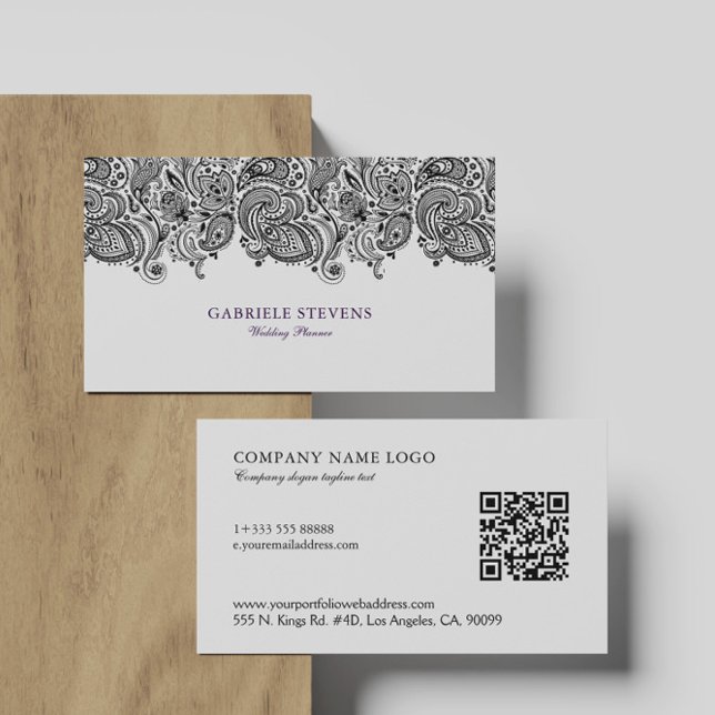 Cartão De Visita Planner de Casamento de Paisley Preto e Branco (Criador carregado)