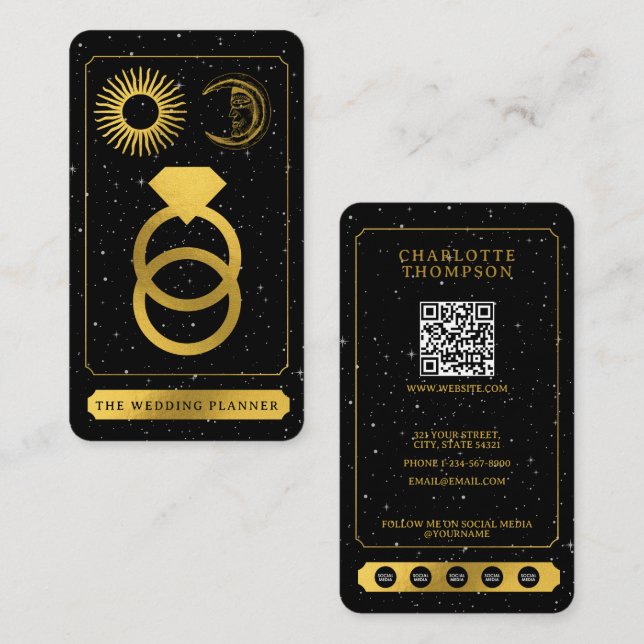 Cartão De Visita Planner Dourado de Casamento Celestial Tarot Sun M (Frente/Verso)