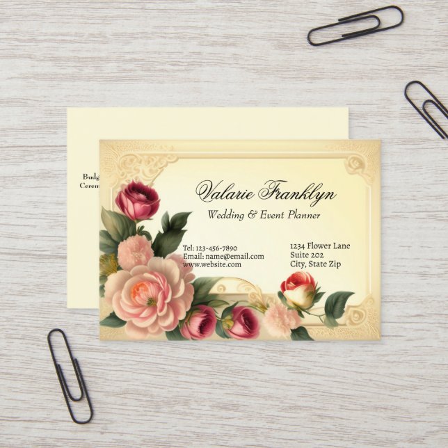 Cartão De Visita Planner Elegante de Casamentos Pinus e Rosa vermel (Frente/Verso In Situ)