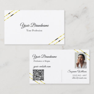 Cartão De Visita Plano Branco com Linhas de Ouro Foto e Código QR