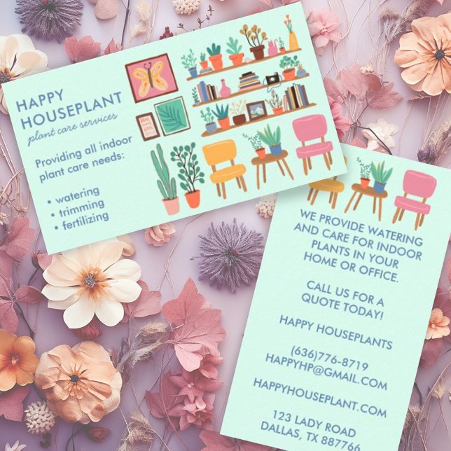 Cartão De Visita Planta Sitter Planta de Aterro (Plant sitting housesitting houseplant care custom business card with cute illustration)