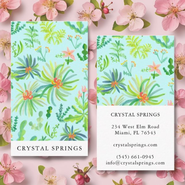 Cartão De Visita Plantas De Jardinagem Botânica (Beautiful watercolor botanical painting pattern on a light blue background. Customized business card)
