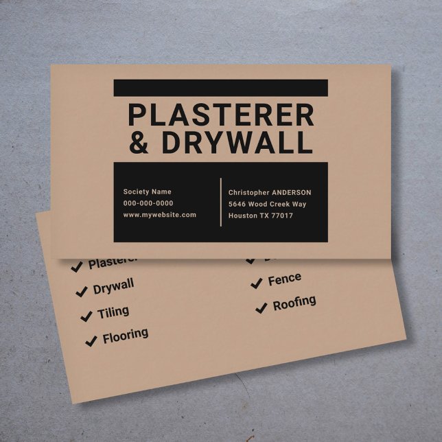 Cartão De Visita Plasterer e Drywall - Preto e Marrom (Plasterer & Drywall - Black & Brown Business Card)