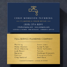 Cartão De Visita Plumber Navy Blue & Gold Metallic Minimalist