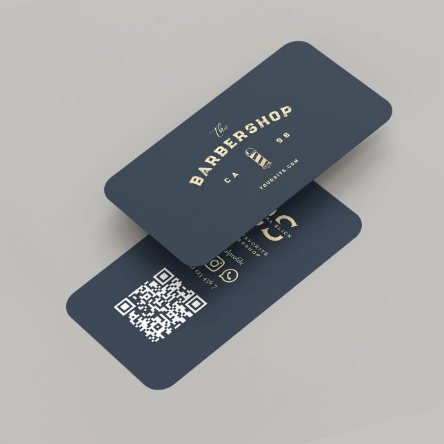 Cartão De Visita Polo de Barber Dourado Azul Escuro da Barbearia Mo (Modern Barbershop Dark Blue Gold Barber's Pole Business Card
)