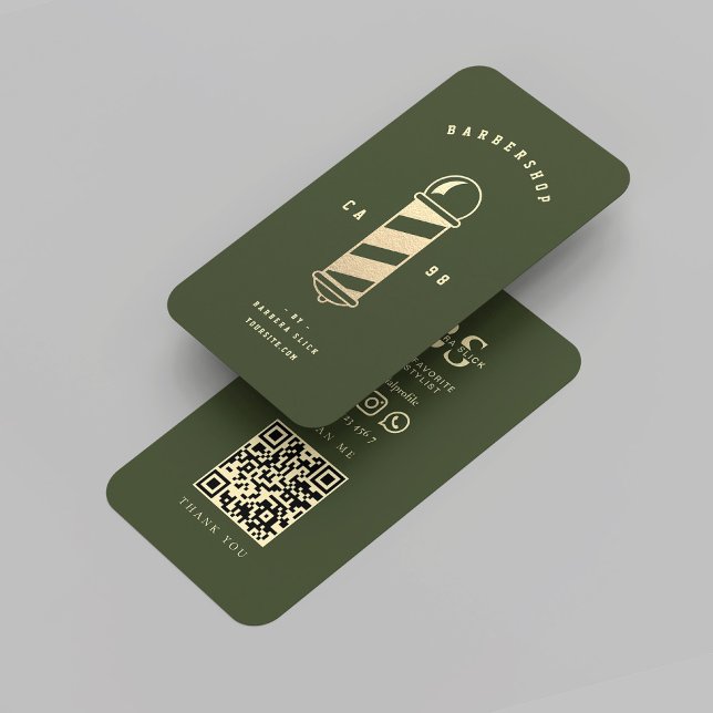 Cartão De Visita Polo de Barber Viagem Verde Escuro da Barbershop M (Modern Barbershop Dark Green QR Gold Barber Pole Business Card
)