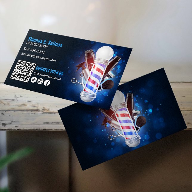 Cartão De Visita Pólo de Conexão da Barbearia Azul Código QR (Criador carregado)